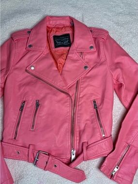 Levi's Pink Faux Leather Moto Jacket with Belted Hem